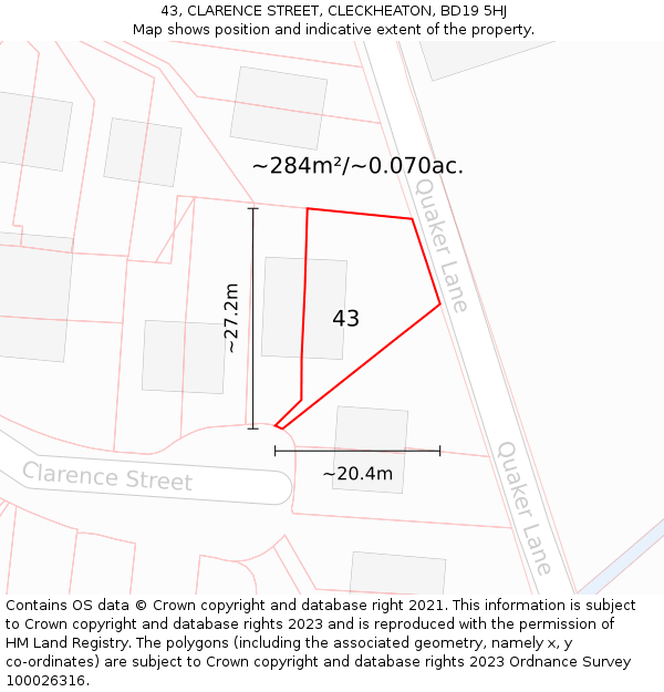 43, CLARENCE STREET, CLECKHEATON, BD19 5HJ: Plot and title map