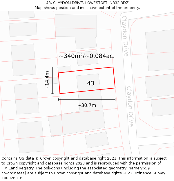 43, CLAYDON DRIVE, LOWESTOFT, NR32 3DZ: Plot and title map