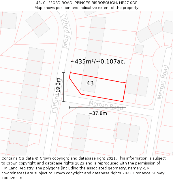 43, CLIFFORD ROAD, PRINCES RISBOROUGH, HP27 0DP: Plot and title map