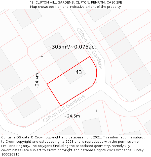 43, CLIFTON HILL GARDENS, CLIFTON, PENRITH, CA10 2FE: Plot and title map