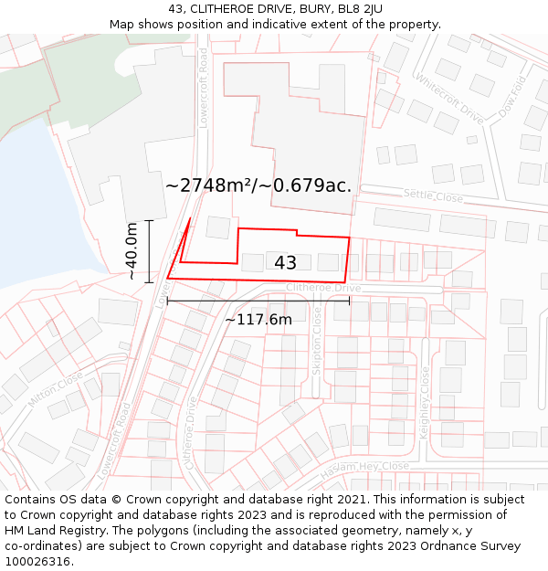 43, CLITHEROE DRIVE, BURY, BL8 2JU: Plot and title map
