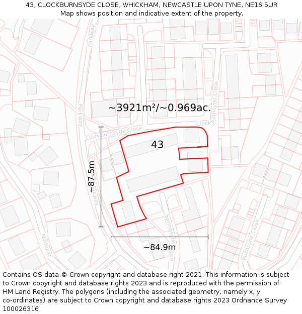 43, CLOCKBURNSYDE CLOSE, WHICKHAM, NEWCASTLE UPON TYNE, NE16 5UR: Plot and title map