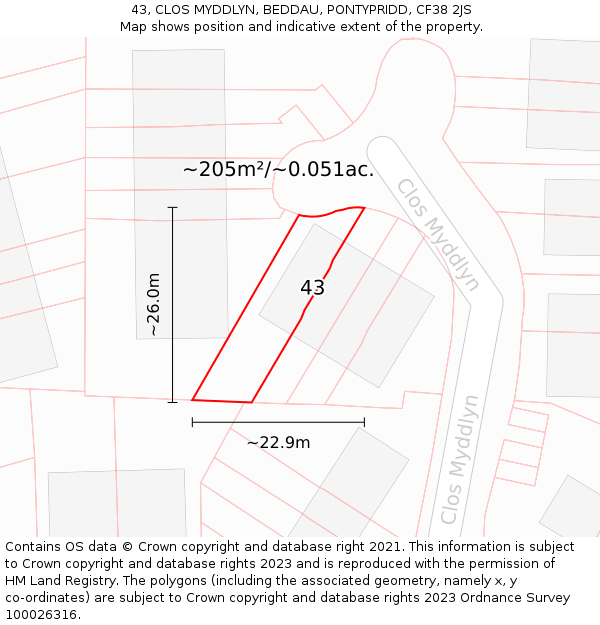 43, CLOS MYDDLYN, BEDDAU, PONTYPRIDD, CF38 2JS: Plot and title map