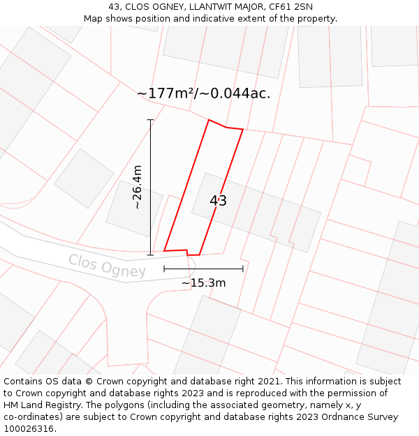 43, CLOS OGNEY, LLANTWIT MAJOR, CF61 2SN: Plot and title map