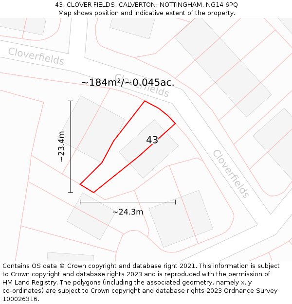 43, CLOVER FIELDS, CALVERTON, NOTTINGHAM, NG14 6PQ: Plot and title map