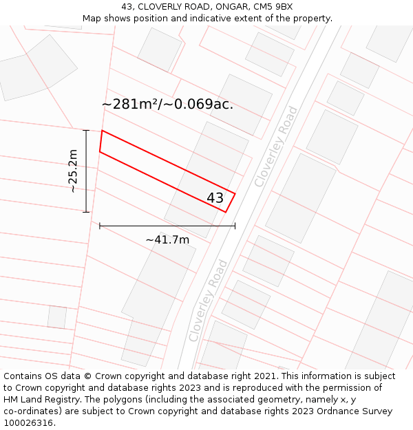 43, CLOVERLY ROAD, ONGAR, CM5 9BX: Plot and title map