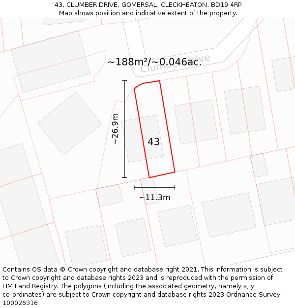 43, CLUMBER DRIVE, GOMERSAL, CLECKHEATON, BD19 4RP: Plot and title map