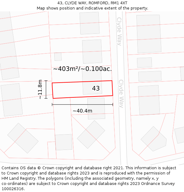 43, CLYDE WAY, ROMFORD, RM1 4XT: Plot and title map
