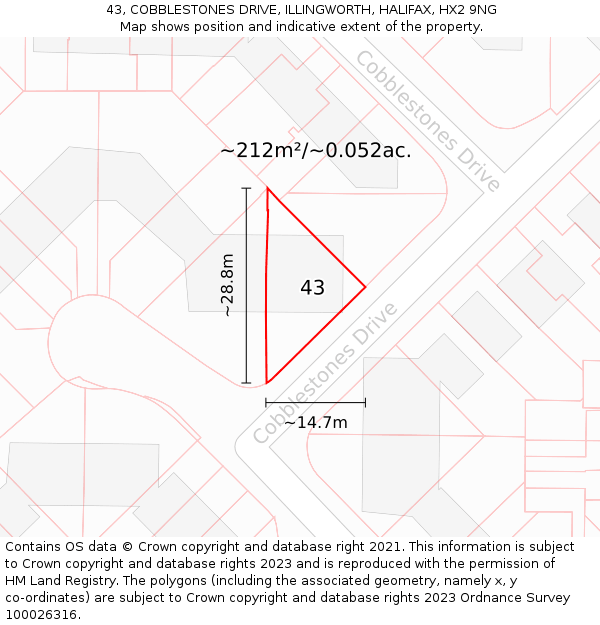 43, COBBLESTONES DRIVE, ILLINGWORTH, HALIFAX, HX2 9NG: Plot and title map