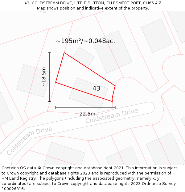 43, COLDSTREAM DRIVE, LITTLE SUTTON, ELLESMERE PORT, CH66 4JZ: Plot and title map