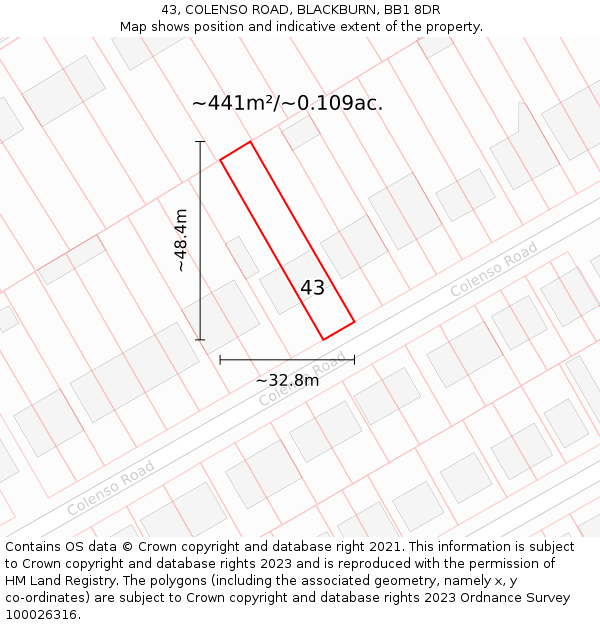 43, COLENSO ROAD, BLACKBURN, BB1 8DR: Plot and title map
