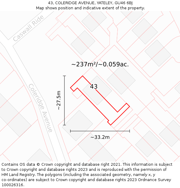43, COLERIDGE AVENUE, YATELEY, GU46 6BJ: Plot and title map