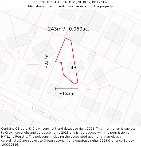 43, COLLIER LANE, BAILDON, SHIPLEY, BD17 5LW: Plot and title map