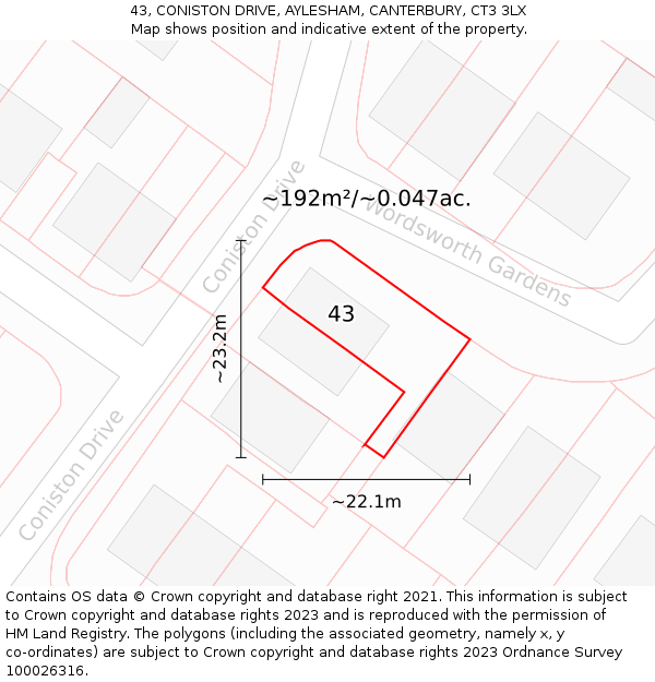 43, CONISTON DRIVE, AYLESHAM, CANTERBURY, CT3 3LX: Plot and title map