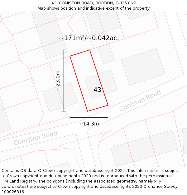 43, CONISTON ROAD, BORDON, GU35 0NP: Plot and title map