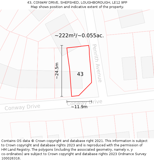 43, CONWAY DRIVE, SHEPSHED, LOUGHBOROUGH, LE12 9PP: Plot and title map