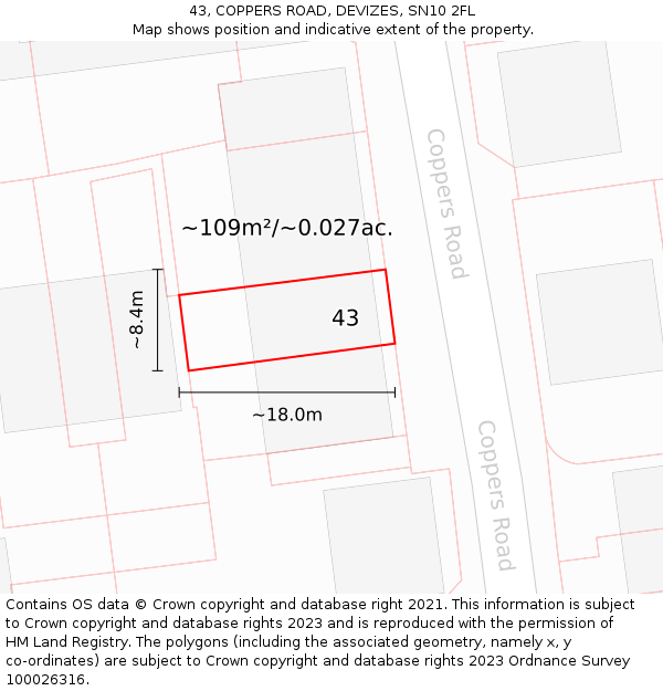 43, COPPERS ROAD, DEVIZES, SN10 2FL: Plot and title map