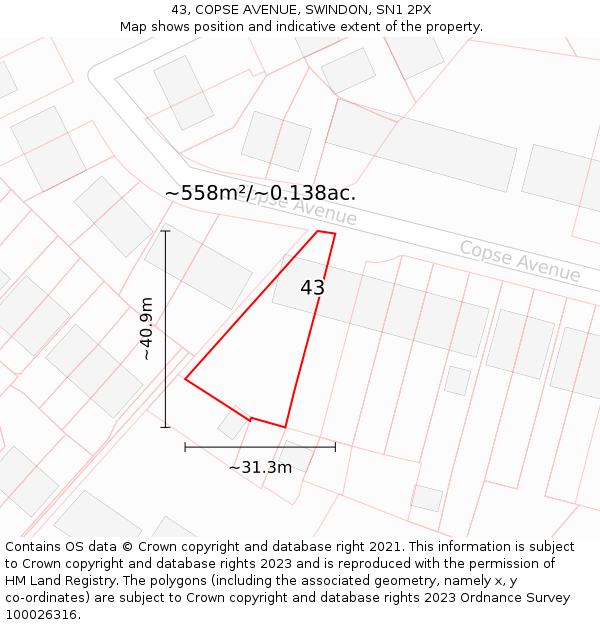 43, COPSE AVENUE, SWINDON, SN1 2PX: Plot and title map