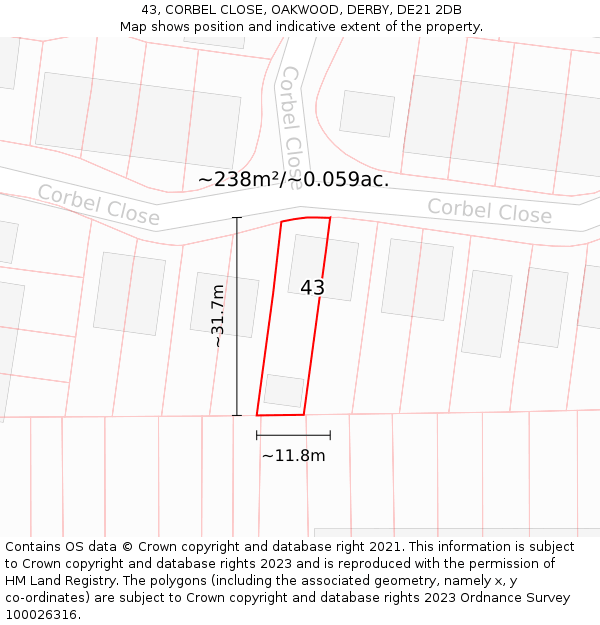 43, CORBEL CLOSE, OAKWOOD, DERBY, DE21 2DB: Plot and title map