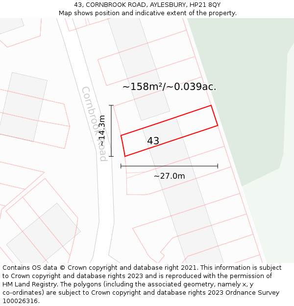 43, CORNBROOK ROAD, AYLESBURY, HP21 8QY: Plot and title map
