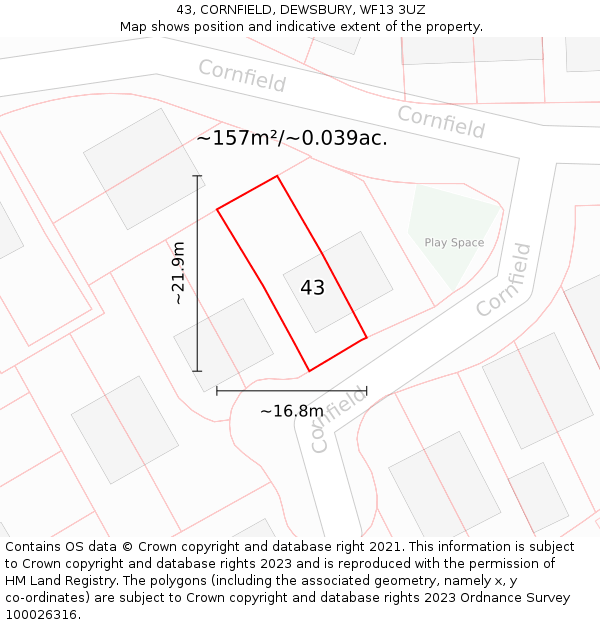 43, CORNFIELD, DEWSBURY, WF13 3UZ: Plot and title map