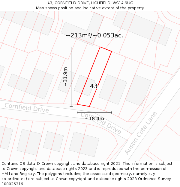43, CORNFIELD DRIVE, LICHFIELD, WS14 9UG: Plot and title map