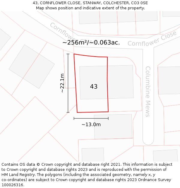 43, CORNFLOWER CLOSE, STANWAY, COLCHESTER, CO3 0SE: Plot and title map