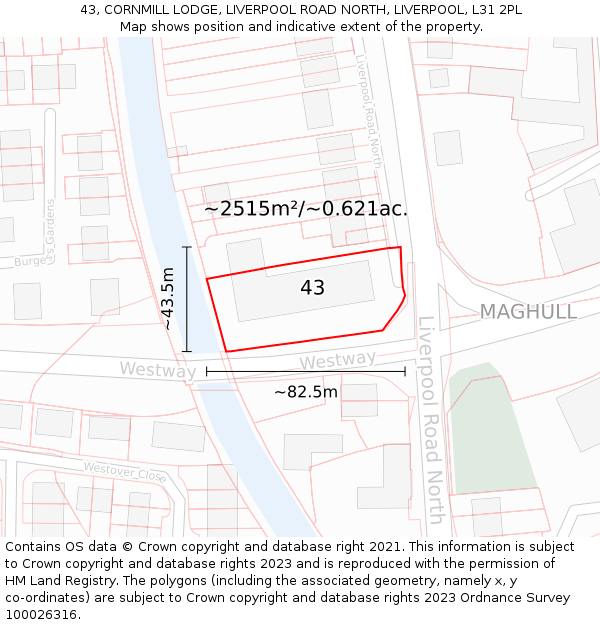 43, CORNMILL LODGE, LIVERPOOL ROAD NORTH, LIVERPOOL, L31 2PL: Plot and title map