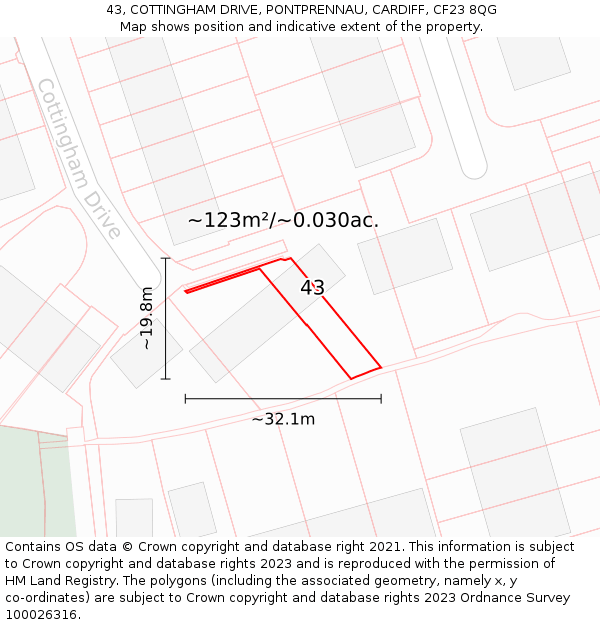43, COTTINGHAM DRIVE, PONTPRENNAU, CARDIFF, CF23 8QG: Plot and title map