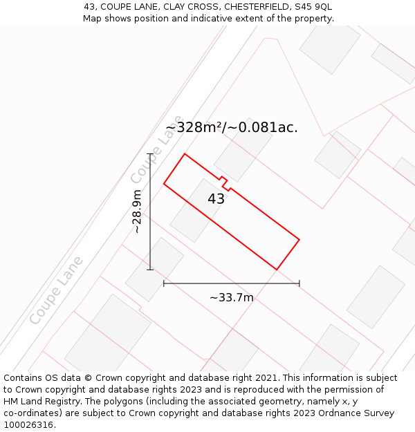 43, COUPE LANE, CLAY CROSS, CHESTERFIELD, S45 9QL: Plot and title map