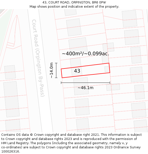 43, COURT ROAD, ORPINGTON, BR6 0PW: Plot and title map