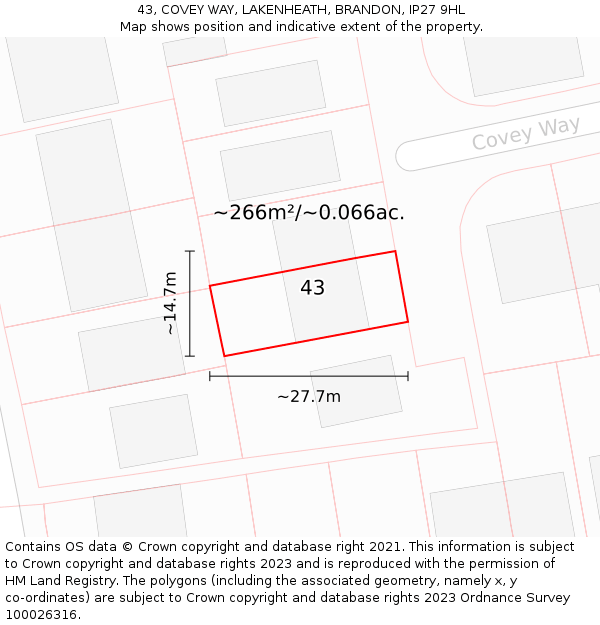 43, COVEY WAY, LAKENHEATH, BRANDON, IP27 9HL: Plot and title map