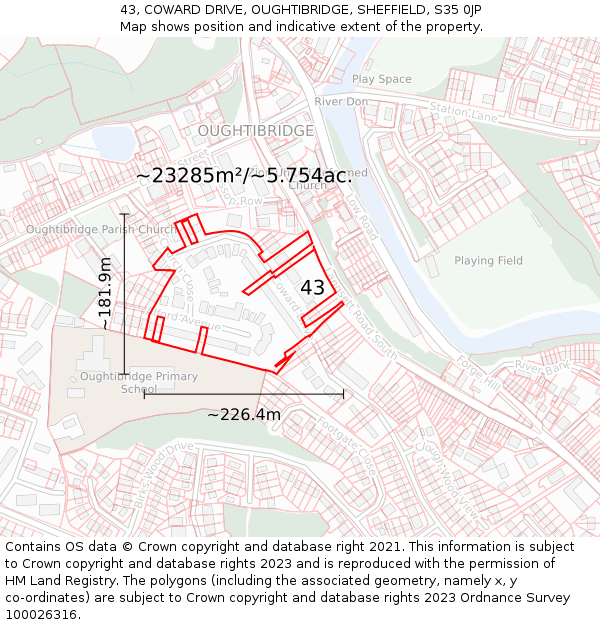 43, COWARD DRIVE, OUGHTIBRIDGE, SHEFFIELD, S35 0JP: Plot and title map