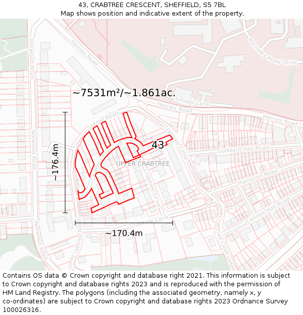 43, CRABTREE CRESCENT, SHEFFIELD, S5 7BL: Plot and title map