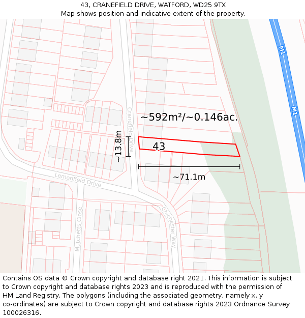 43, CRANEFIELD DRIVE, WATFORD, WD25 9TX: Plot and title map