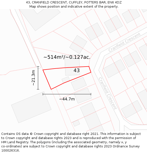 43, CRANFIELD CRESCENT, CUFFLEY, POTTERS BAR, EN6 4DZ: Plot and title map