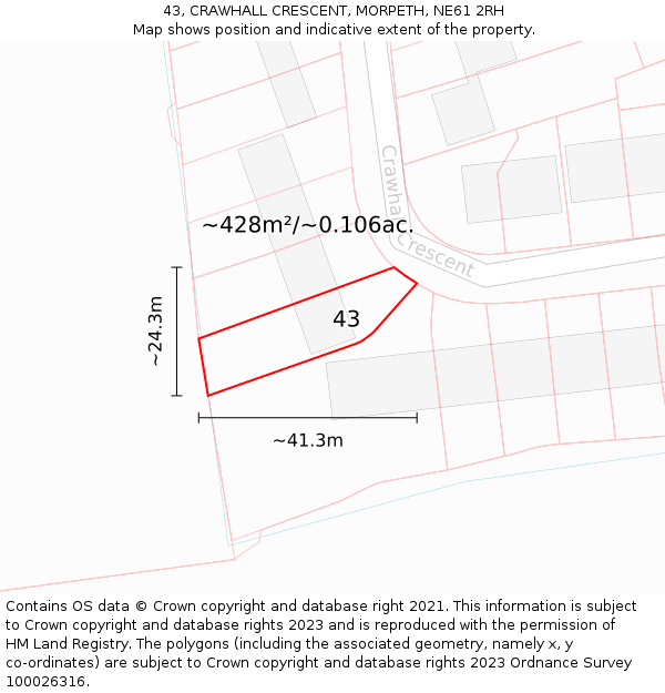 43, CRAWHALL CRESCENT, MORPETH, NE61 2RH: Plot and title map