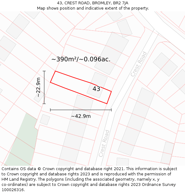 43, CREST ROAD, BROMLEY, BR2 7JA: Plot and title map