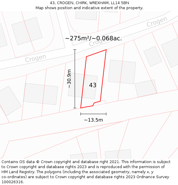 43, CROGEN, CHIRK, WREXHAM, LL14 5BN: Plot and title map
