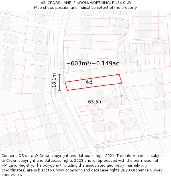 43, CROSS LANE, FINDON, WORTHING, BN14 0UB: Plot and title map