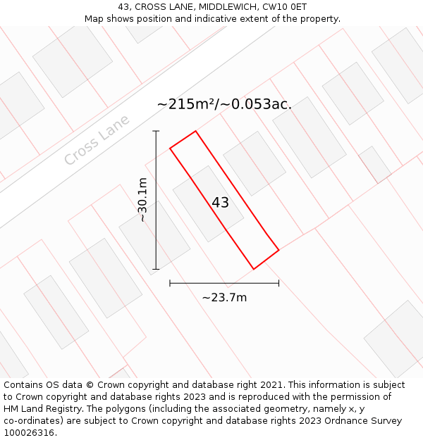 43, CROSS LANE, MIDDLEWICH, CW10 0ET: Plot and title map