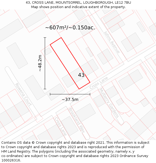 43, CROSS LANE, MOUNTSORREL, LOUGHBOROUGH, LE12 7BU: Plot and title map