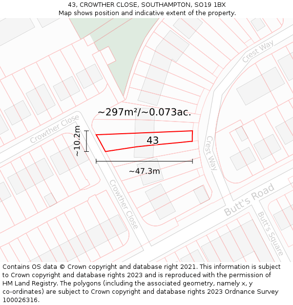 43, CROWTHER CLOSE, SOUTHAMPTON, SO19 1BX: Plot and title map