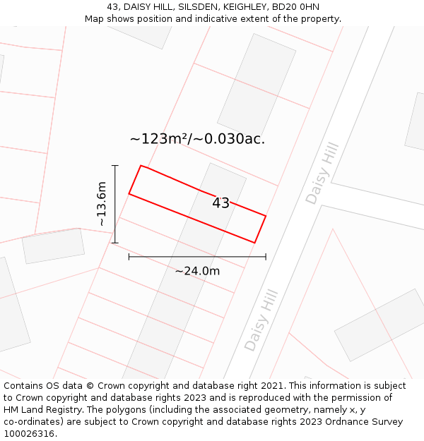 43, DAISY HILL, SILSDEN, KEIGHLEY, BD20 0HN: Plot and title map
