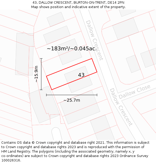43, DALLOW CRESCENT, BURTON-ON-TRENT, DE14 2PN: Plot and title map