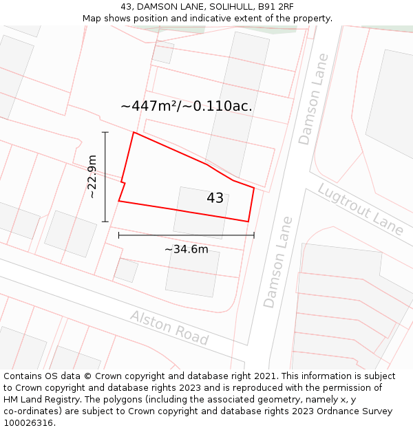 43, DAMSON LANE, SOLIHULL, B91 2RF: Plot and title map