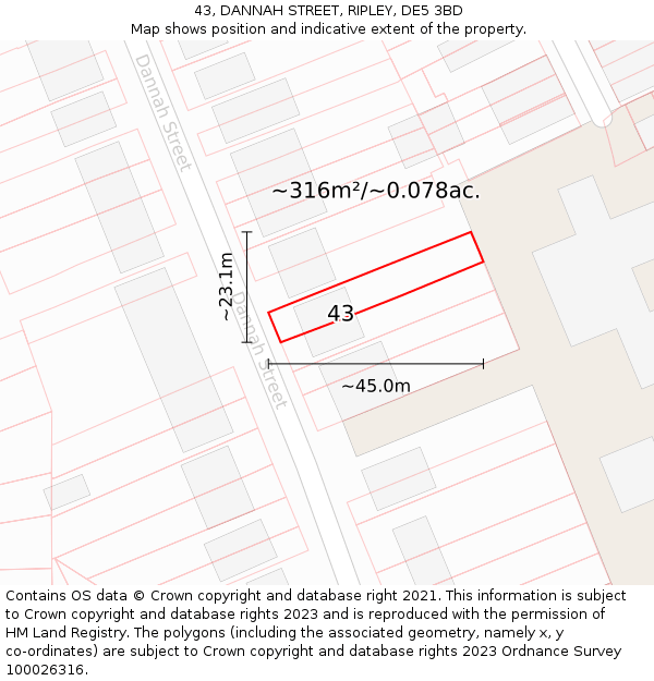 43, DANNAH STREET, RIPLEY, DE5 3BD: Plot and title map