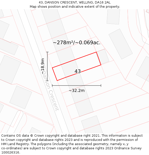 43, DANSON CRESCENT, WELLING, DA16 2AL: Plot and title map