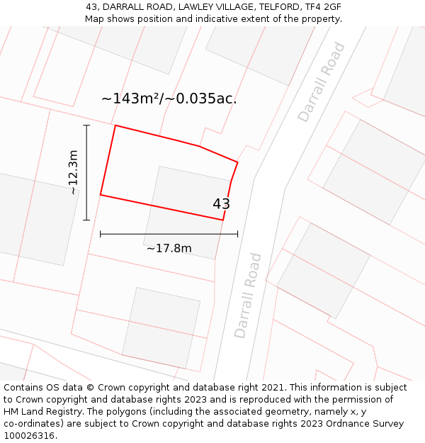 43, DARRALL ROAD, LAWLEY VILLAGE, TELFORD, TF4 2GF: Plot and title map