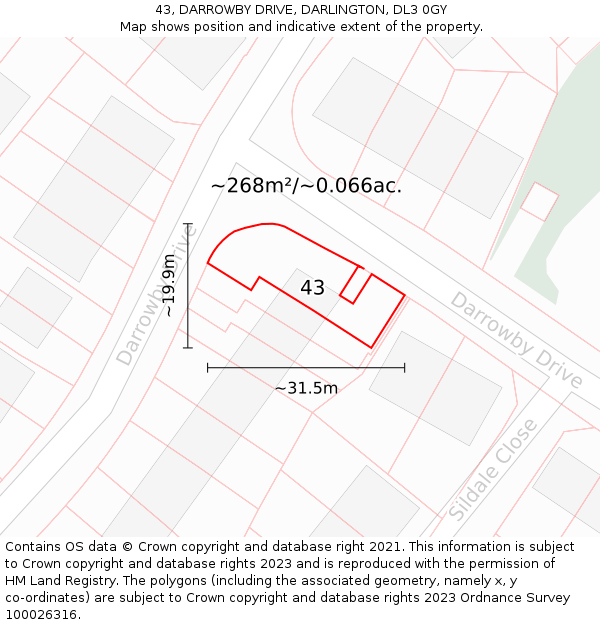 43, DARROWBY DRIVE, DARLINGTON, DL3 0GY: Plot and title map